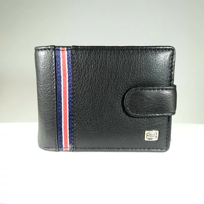 Bőr férfi pénztárca, patentos, díszcsíkos, fekete