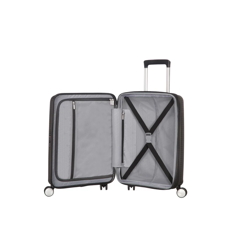 American Tourister Soundbox 4-kerekes keményfedeles bővíthető kabin bőrönd 55x40x20/23 cm, fekete