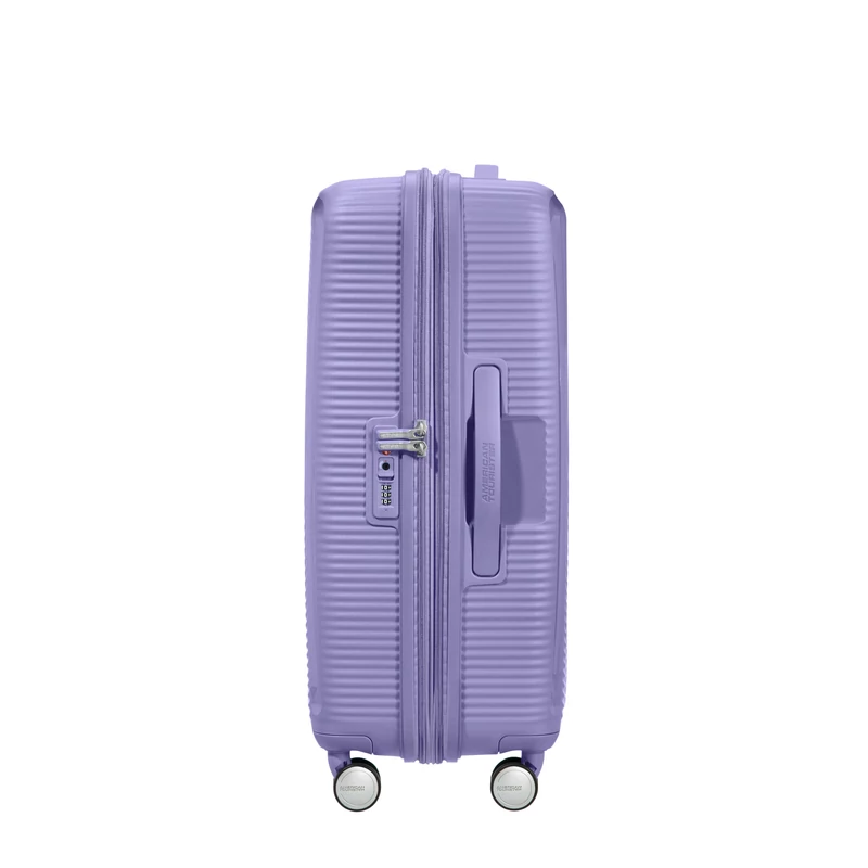 American Tourister Soundbox 4-kerekes keményfedeles bővíthető bőrönd 67 x 46.5 x 29/32 cm, lila