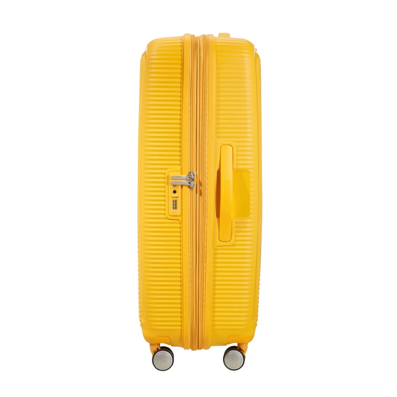 American Tourister Soundbox 4-kerekes keményfedeles bővíthető bőrönd 77 x 51.5 x 29.5/32.5 cm, sárga