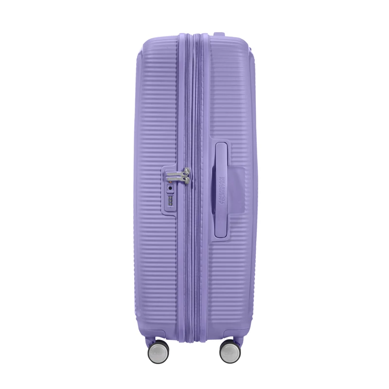American Tourister Soundbox 4-kerekes keményfedeles bővíthető bőrönd 77 x 51.5 x 29.5/32.5 cm, lila
