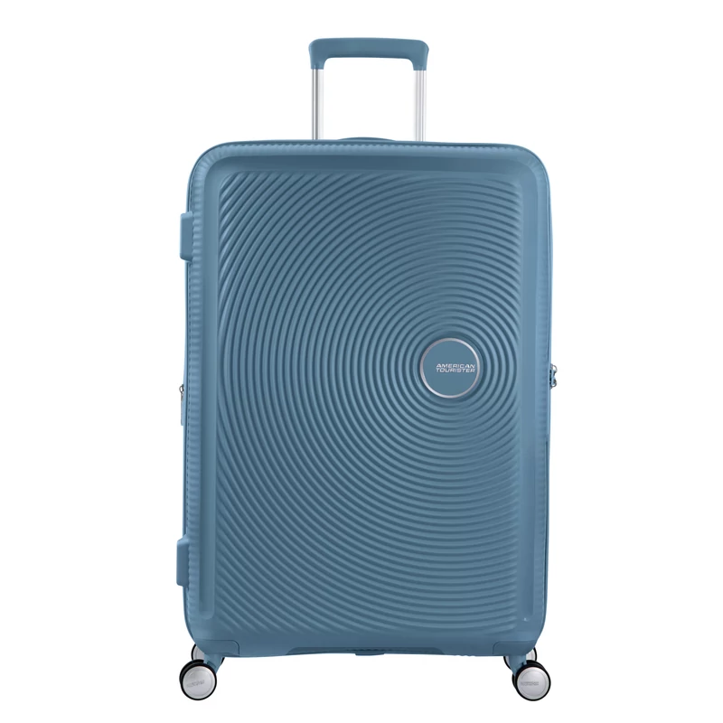 American Tourister Soundbox 4-kerekes keményfedeles bővíthető bőrönd 77 x 51.5 x 29.5/32.5 cm, szürkés kék