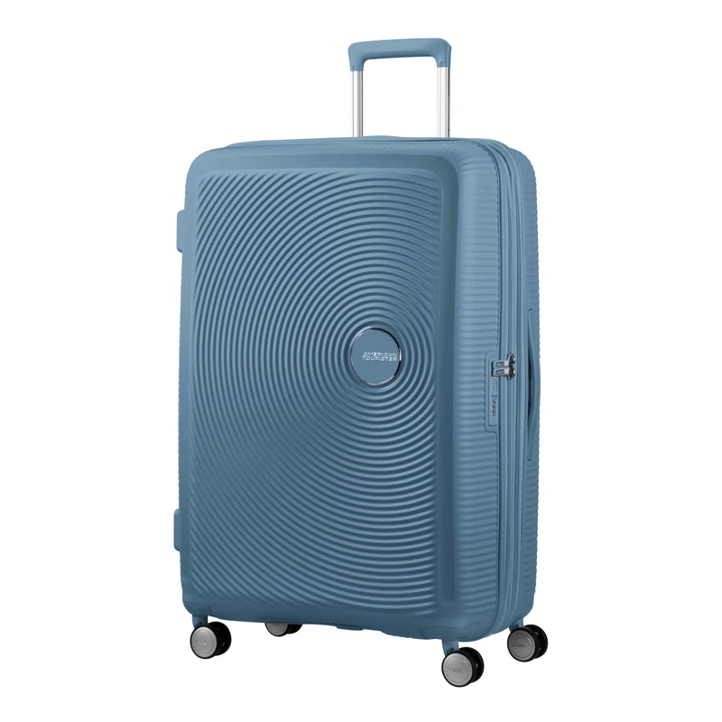 American Tourister Soundbox 4-kerekes keményfedeles bővíthető bőrönd 77 x 51.5 x 29.5/32.5 cm, szürkés kék