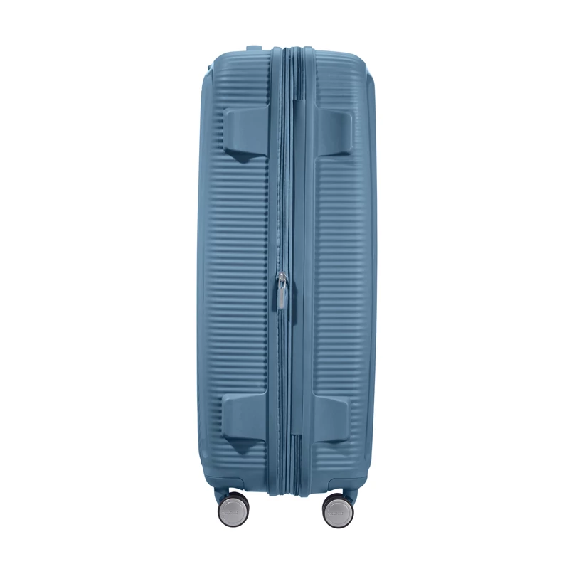American Tourister Soundbox 4-kerekes keményfedeles bővíthető bőrönd 77 x 51.5 x 29.5/32.5 cm, szürkés kék