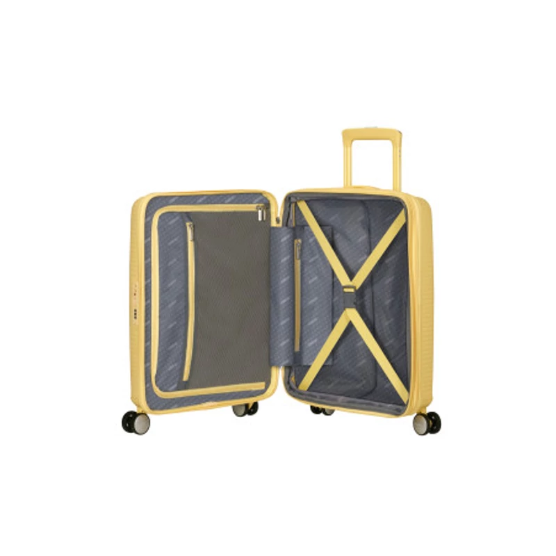American Tourister Soundbox 4-kerekes keményfedeles bővíthető kabin bőrönd 55x40x20/23 cm, pasztell sárga