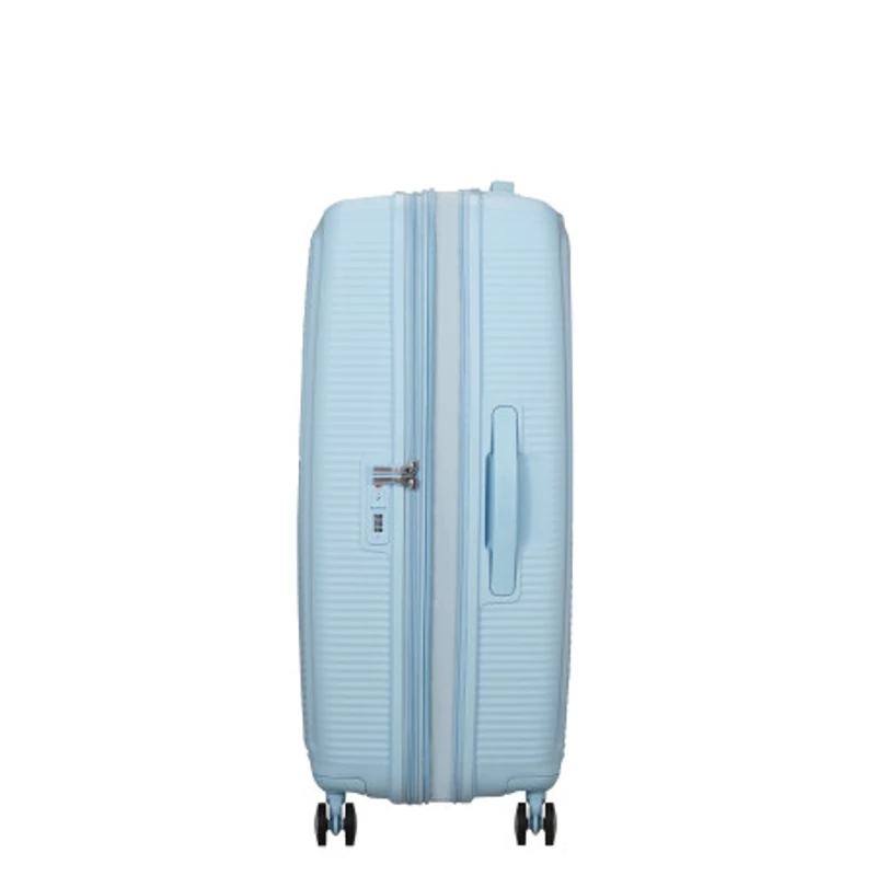 American Tourister Soundbox 4-kerekes keményfedeles bővíthető bőrönd 77 x 51.5 x 29.5/32.5 cm, pasztell kék