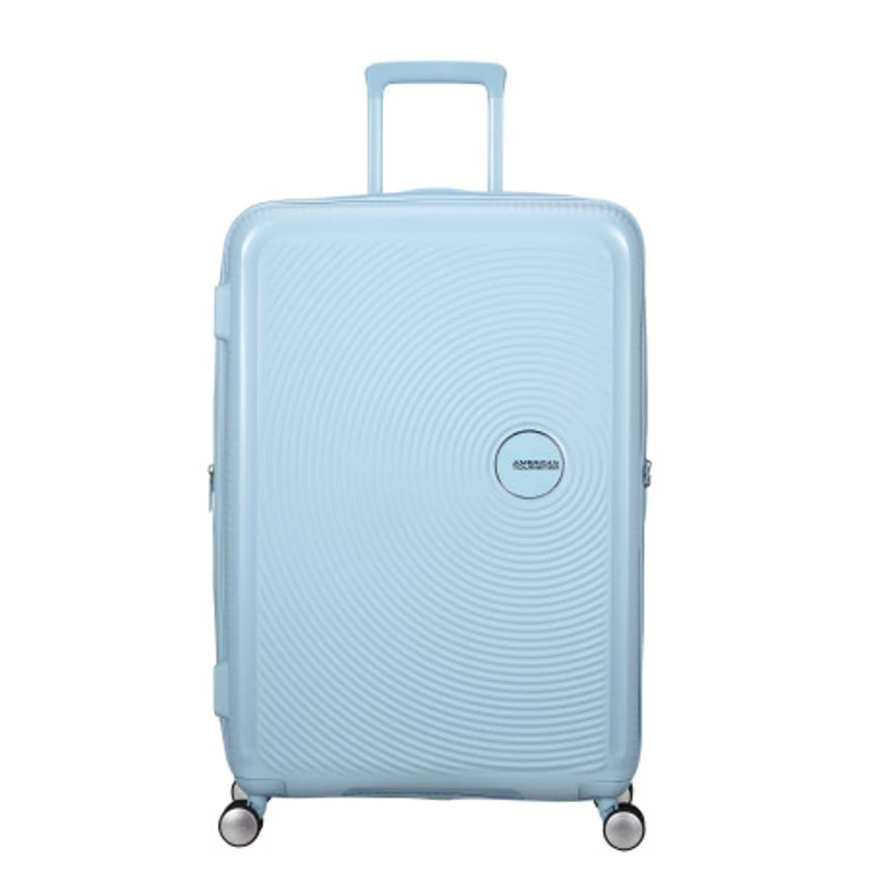 American Tourister Soundbox 4-kerekes keményfedeles bővíthető bőrönd 77 x 51.5 x 29.5/32.5 cm, pasztell kék