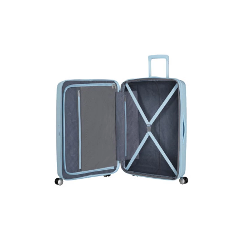 American Tourister Soundbox 4-kerekes keményfedeles bővíthető bőrönd 77 x 51.5 x 29.5/32.5 cm, pasztell kék