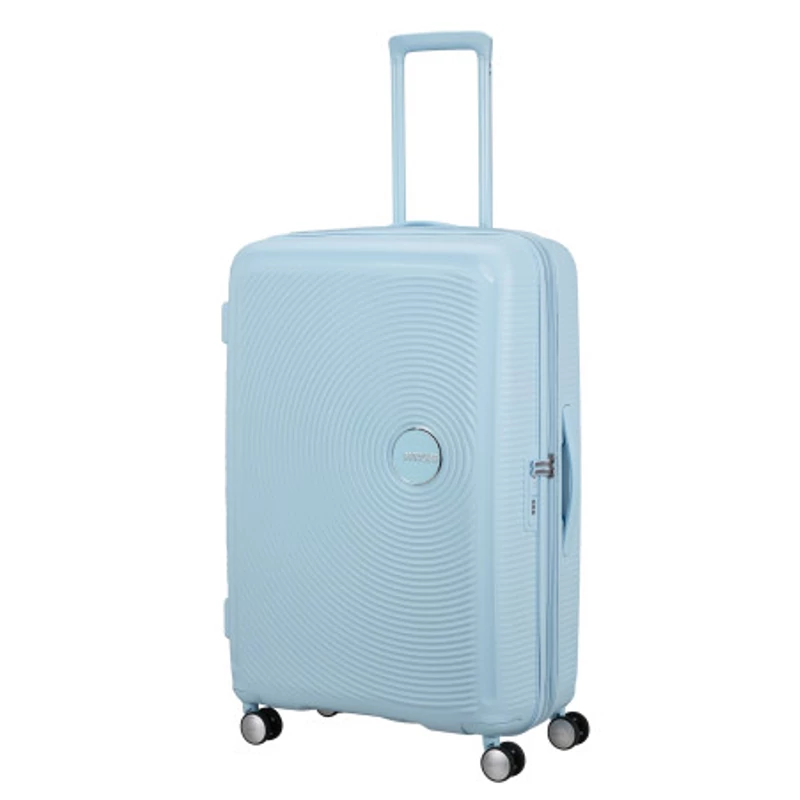 American Tourister Soundbox 4-kerekes keményfedeles bővíthető bőrönd 77 x 51.5 x 29.5/32.5 cm, pasztell kék