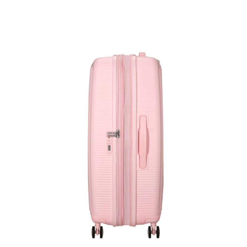 American Tourister Soundbox 4-kerekes keményfedeles bővíthető bőrönd 77 x 51.5 x 29.5/32.5 cm, pasztell rózsaszín