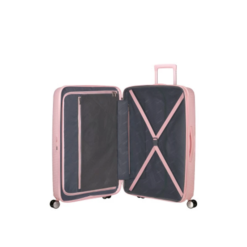 American Tourister Soundbox 4-kerekes keményfedeles bővíthető bőrönd 77 x 51.5 x 29.5/32.5 cm, pasztell rózsaszín