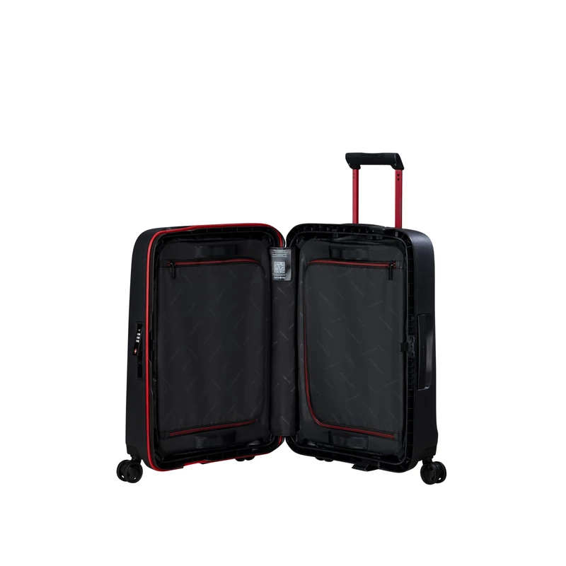 Samsonite Essens spinner 4-kerekes keményfedeles kabin bőrönd 55x40x20cm, fekete-piros