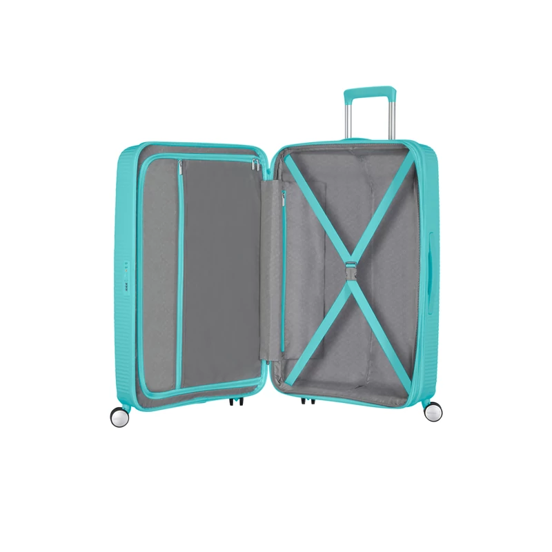 American Tourister Soundbox 4-kerekes keményfedeles bővíthető bőrönd 67 x 46.5 x 29/32 cm, türkiz