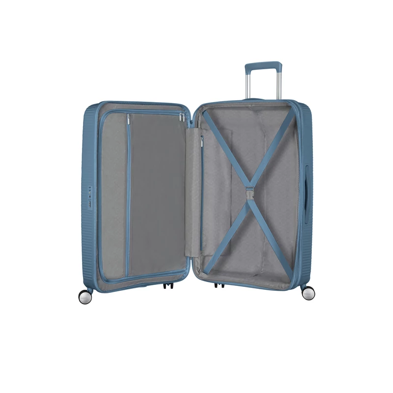 American Tourister Soundbox 4-kerekes keményfedeles bővíthető bőrönd 77 x 51.5 x 29.5/32.5 cm, szürkés kék