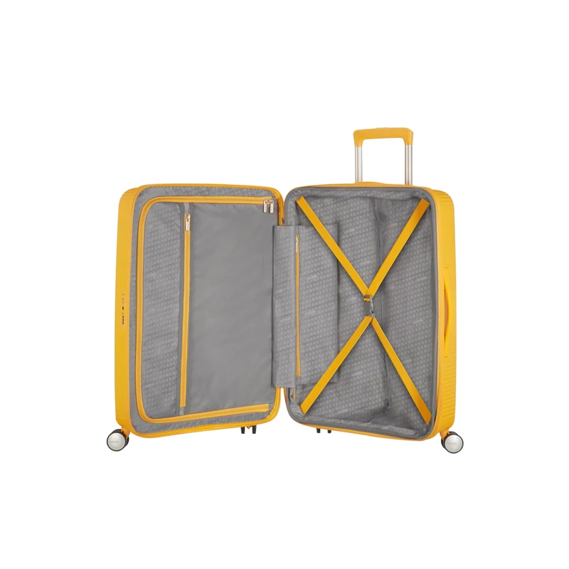 American Tourister Soundbox 4-kerekes keményfedeles bővíthető bőrönd 77 x 51.5 x 29.5/32.5 cm, sárga