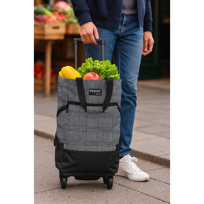 Punta kerekes bevásárlótáska szürke mintás